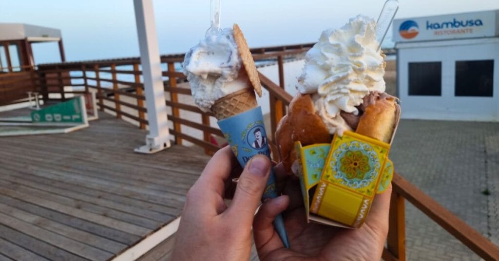 An Artisan Gelato brioche and a cone from Don Peppinu in Sicily